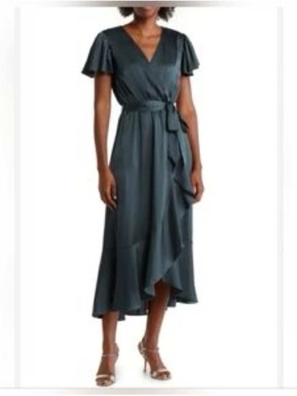 Satin High-Low Wrap Dress with Tie Waist in Green